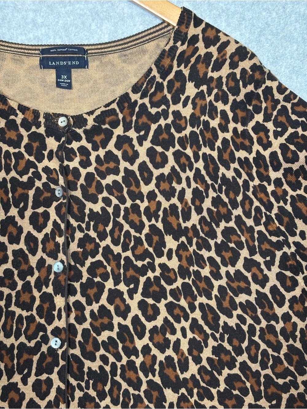 Lands' End Leopard Print Crewneck Cardigan-Tan/Brown/Black-Women Size 3X/24W-26W